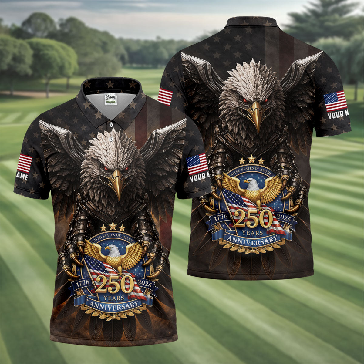250 Years Fierce Eagle American Flag Retro Golf Shirt, Patriotic 4th Of July Golf Shirts For Men