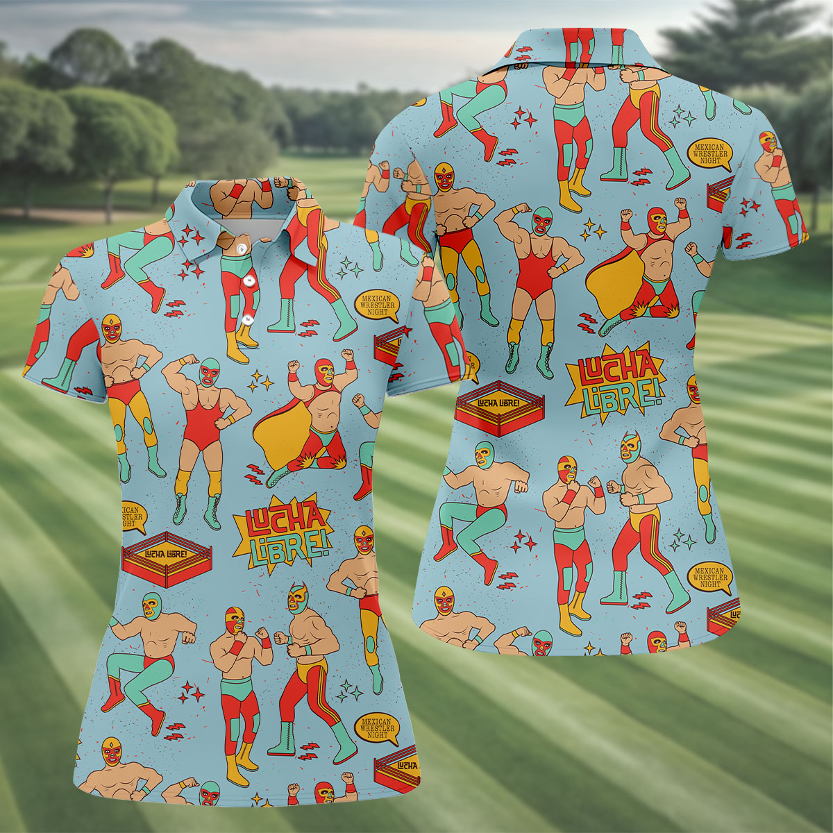 Blue Lucha Libre Mexican Wrestler Pattern Golf Shirt, Golf Tops For Women, Women’s Golf Apparel