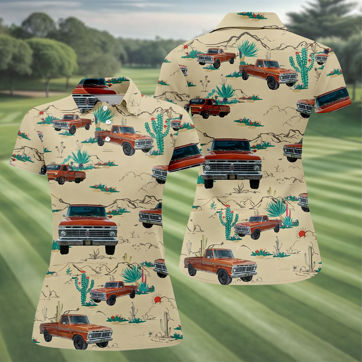 Personalized Pickup Truck Golf Shirt, Southwestern Desert Cactus Pattern, Golf Shirt For Women