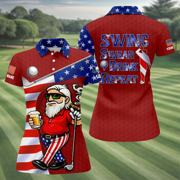 Swing Swear Drink Repeat Golf And Beer Patriotic Man 4th Of July Red Golf Shirt, 250 Years Women's Golf Tops