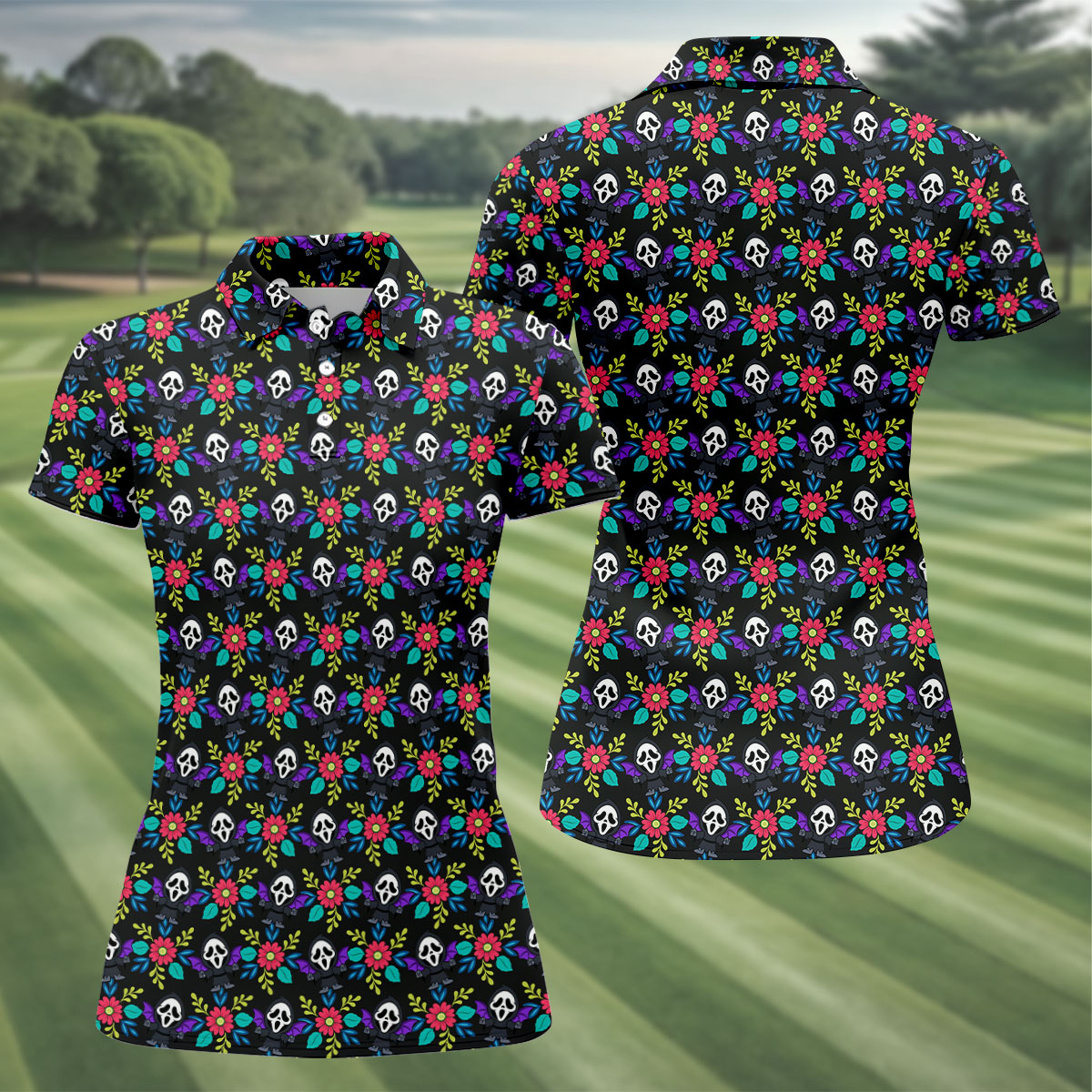 Floral Horror Character Halloween Polo Shirt, Women's Halloween Shirt, Women's Golf Polo