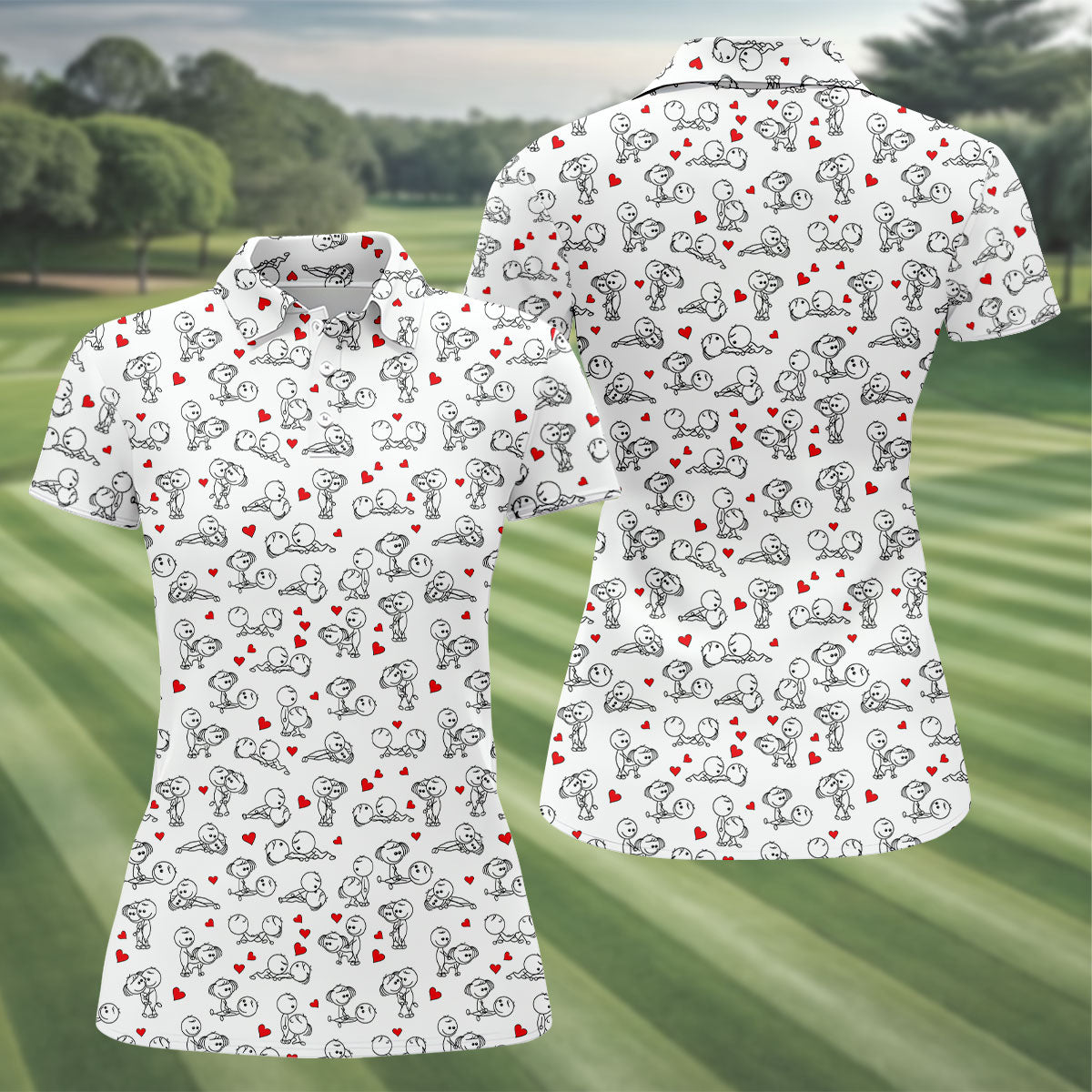 Naughty Position Stick Figure Couple White Golf Shirt, Golfer Valentines Gift, Fun Women's Golf Shirts, Ladies Golf Shirts