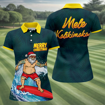 Surfing Santa Mele Kalikimaka Christmas Polo Shirt, Womens Golf Polo, Hawaiian Golf Shirt