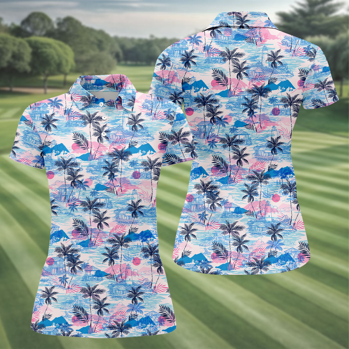 Tropical Island Sunset Pink And Blue Hawaiian Golf Shirt, Golf Shirt For Women, Golfing Apparel