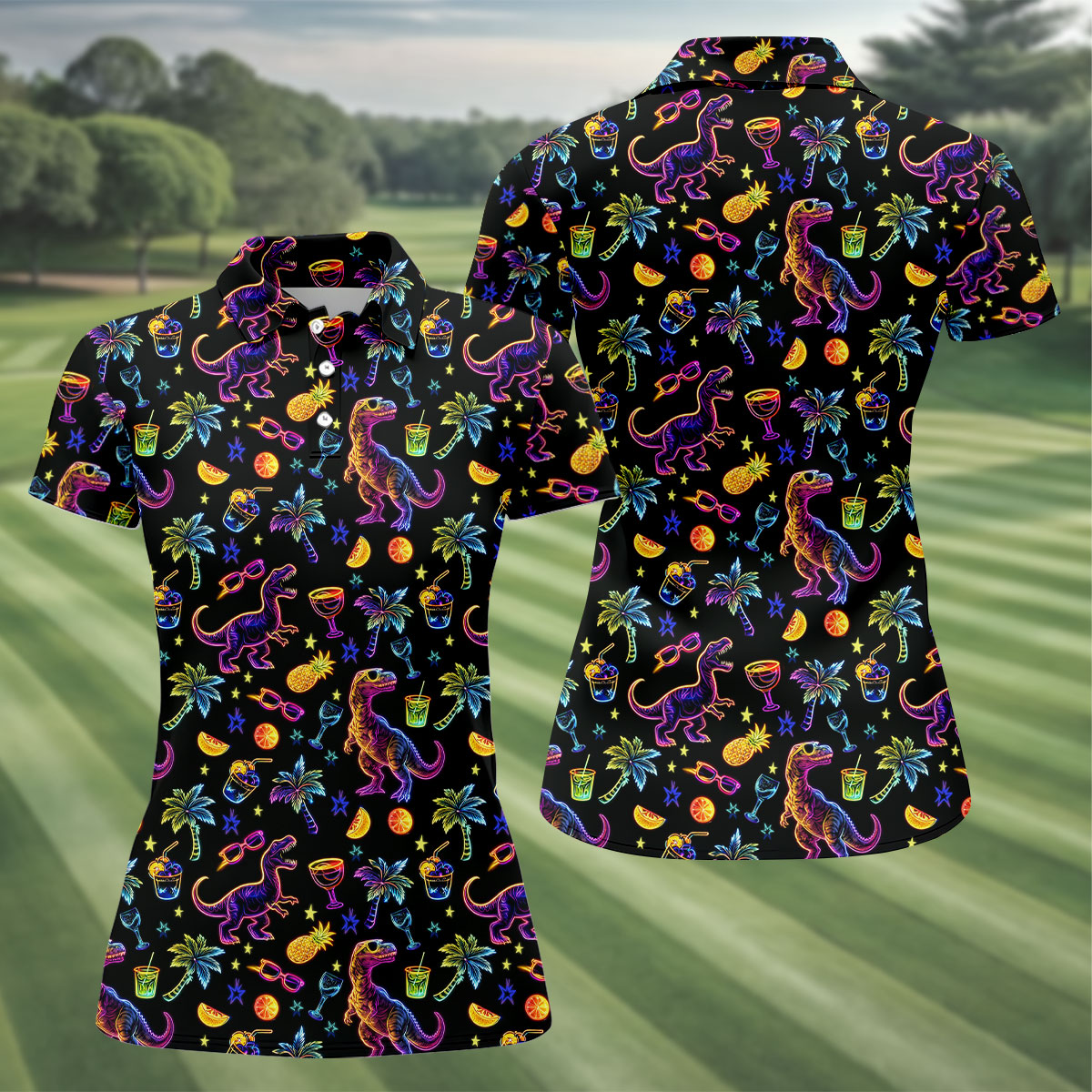 Neon Dinosaur Tropical Theme Hawaiian Golf Shirt, Golf Shirt For Women, Golfing Apparel