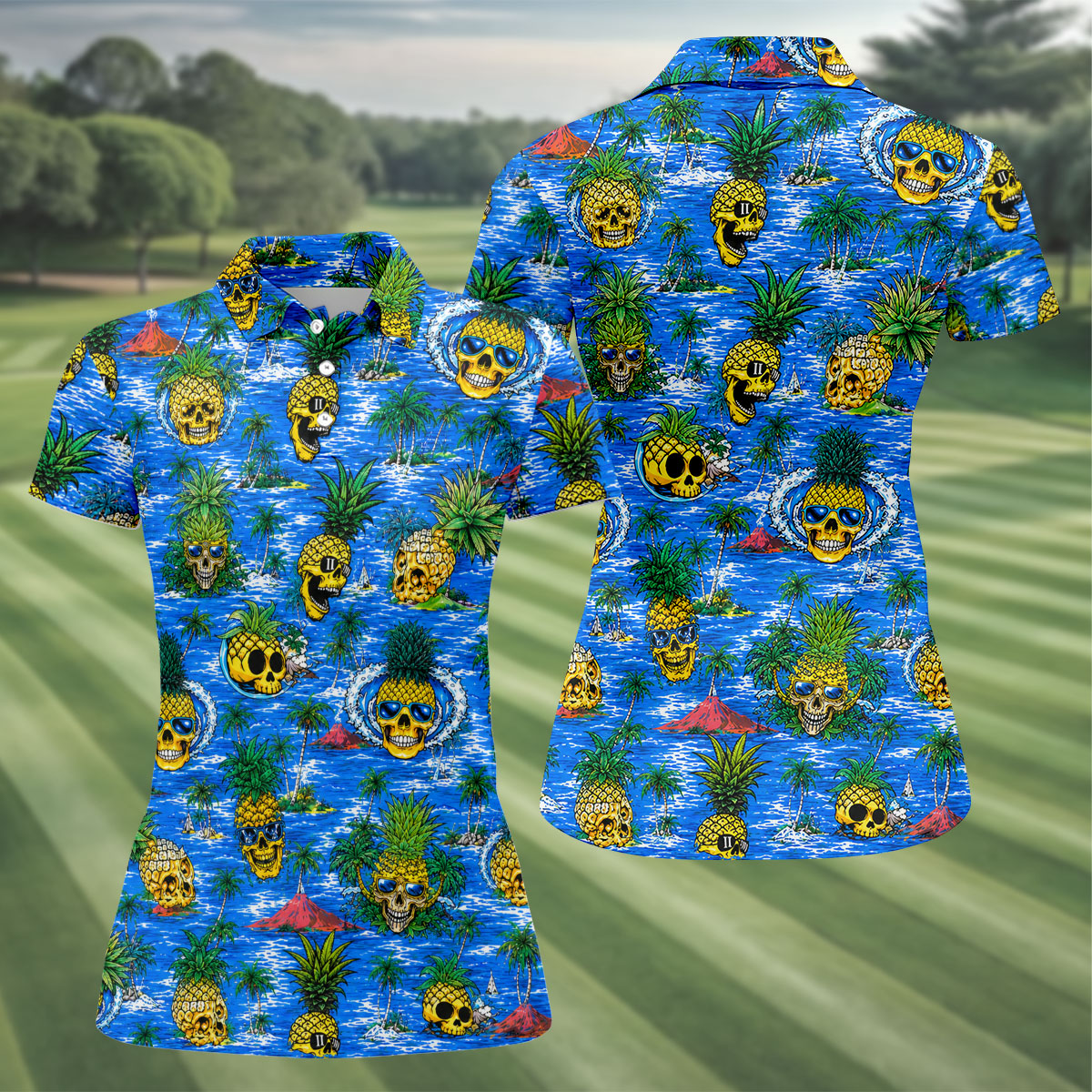 Pineapple Skull Golf Shirt, Tropical Island Volcano Pattern, Golf Shirt For Women