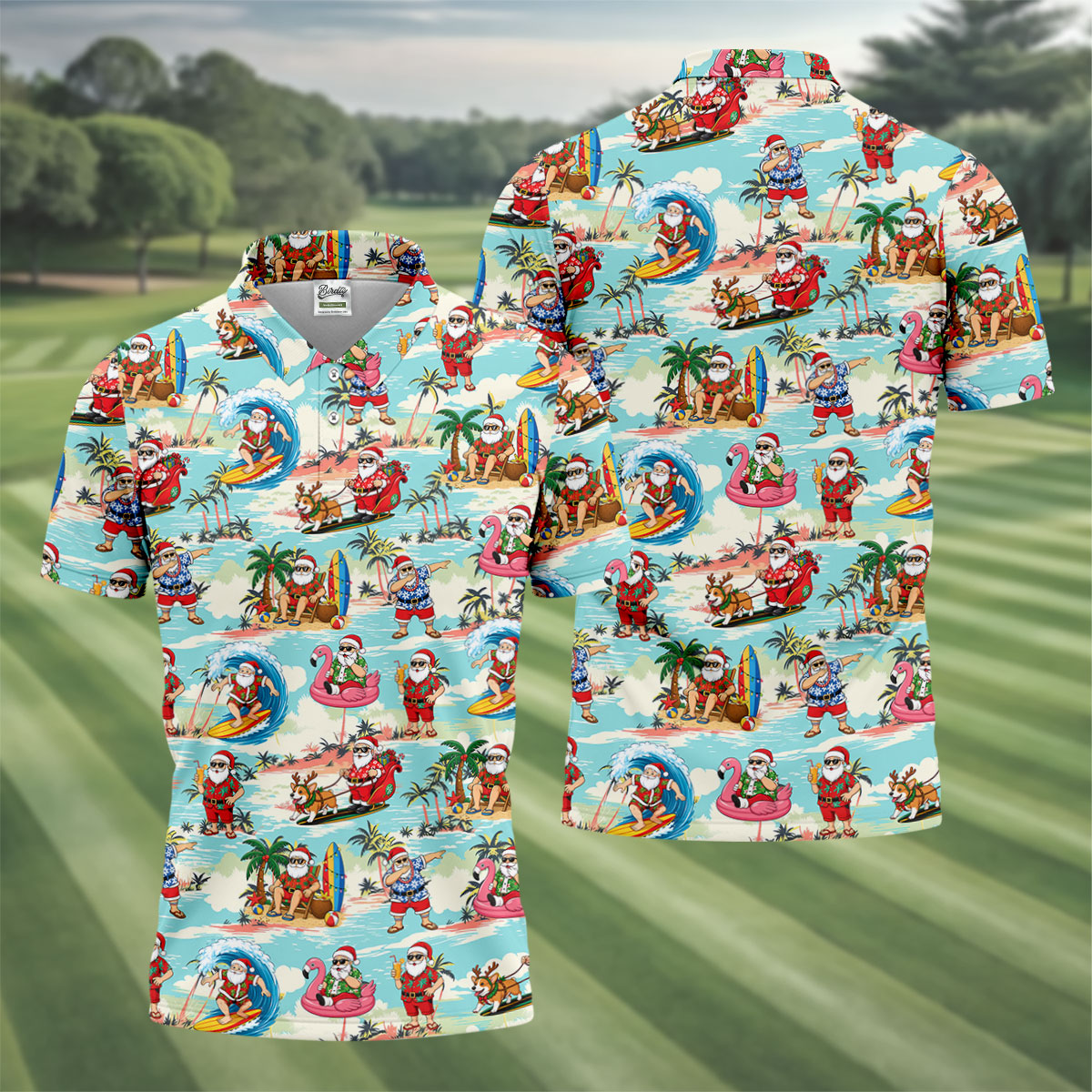 Funny Tropical Santa Beach Christmas Polo Shirt, Mens Golf Polo, Hawaiian Golf Shirt
