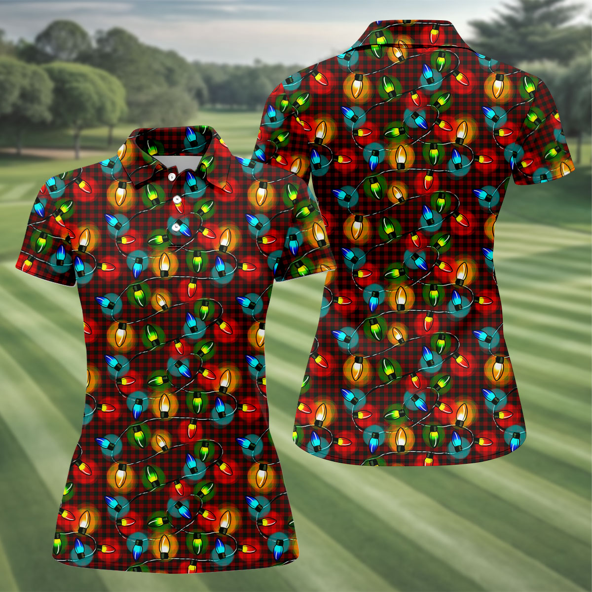 Colorful Christmas Light Plaid Women's Golf Tops, Christmas Golf Shirt, Golf Gift For Ladies