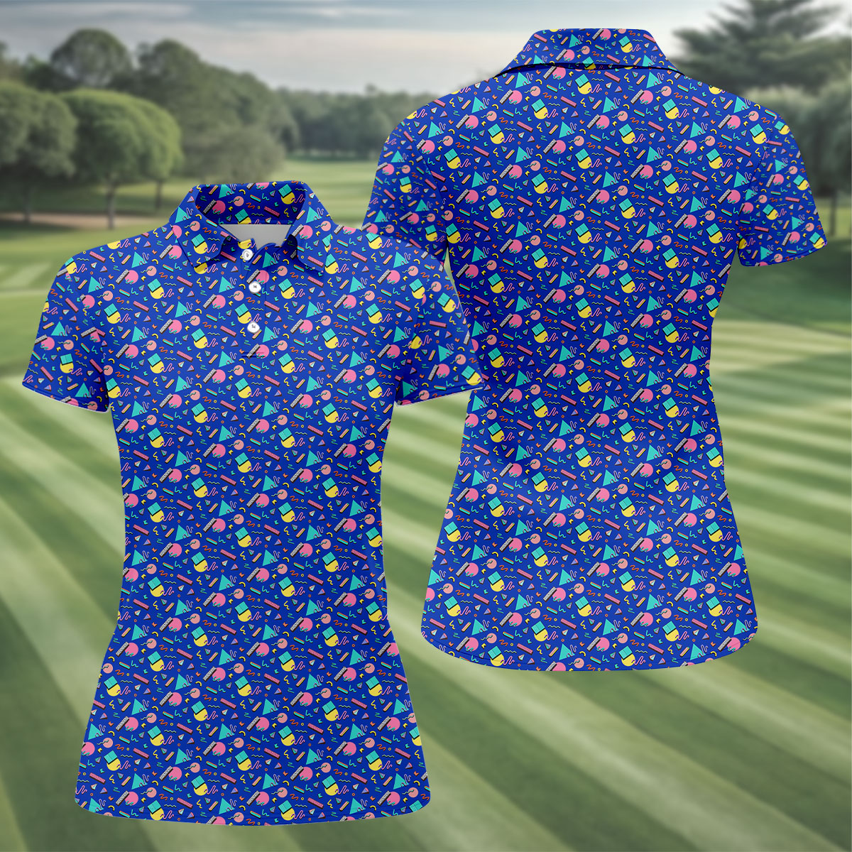 Memphis Pattern Hawaiian Golf Shirt, Retro Summer Women's Golf Tops, Ladies Golf Shirts