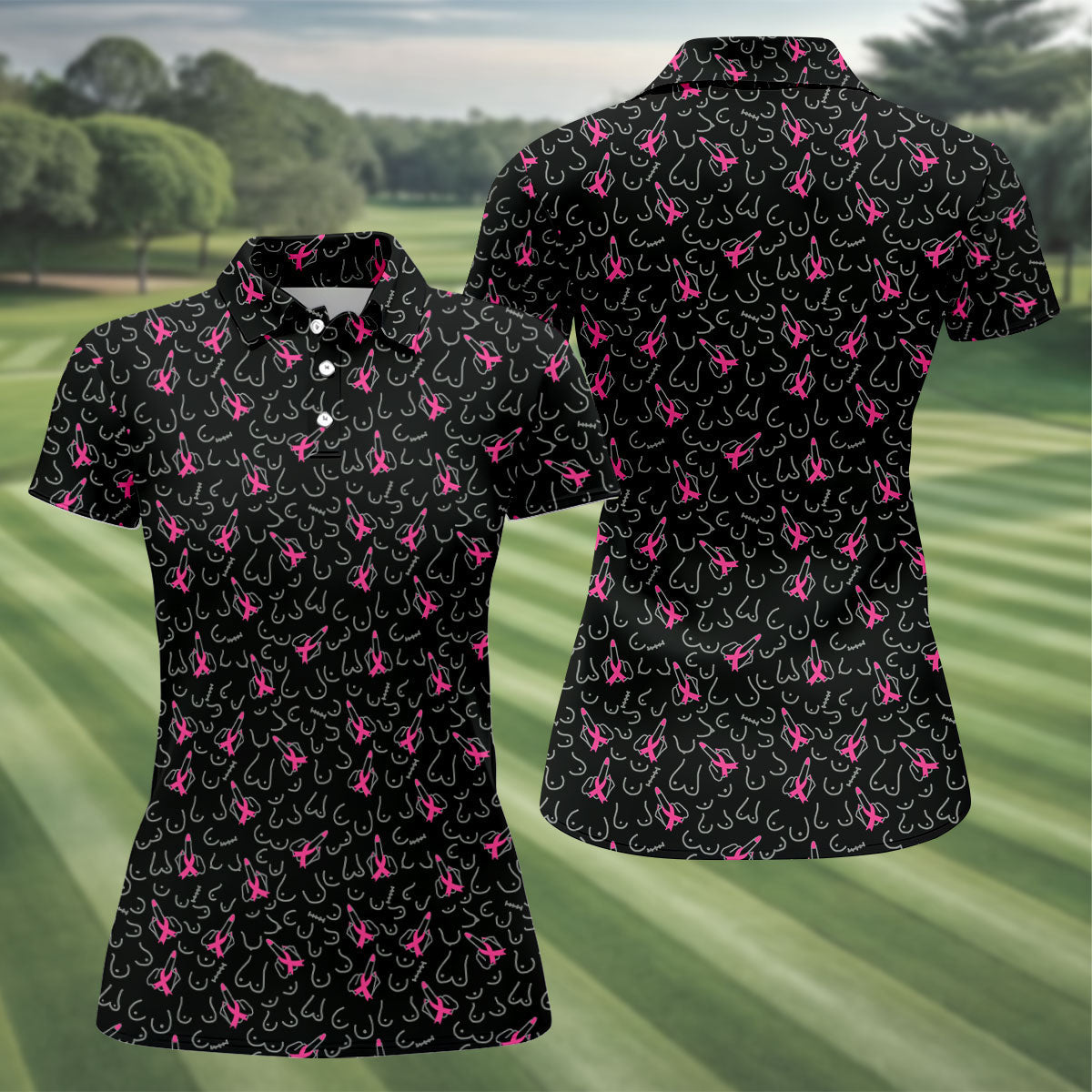 Breast Cancer Ribbon Middle Finger Polo Shirt, Women’s Golf Polo, Golf Shirts For Women