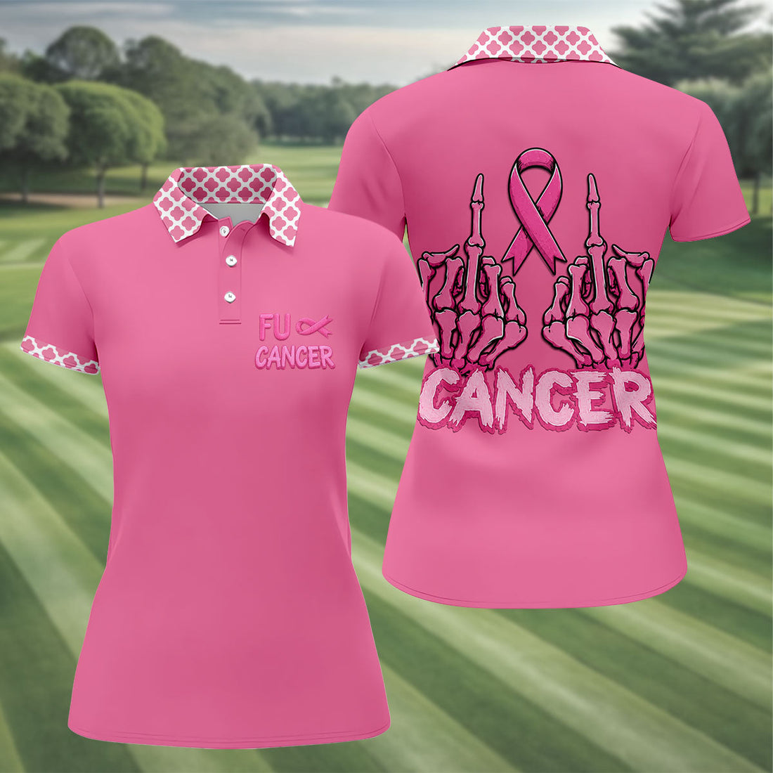 Pink F Cancer Skeleton Middle Finger Breast Cancer Polo Shirt, Ladies Golf Tops, Women’s Golf Polo