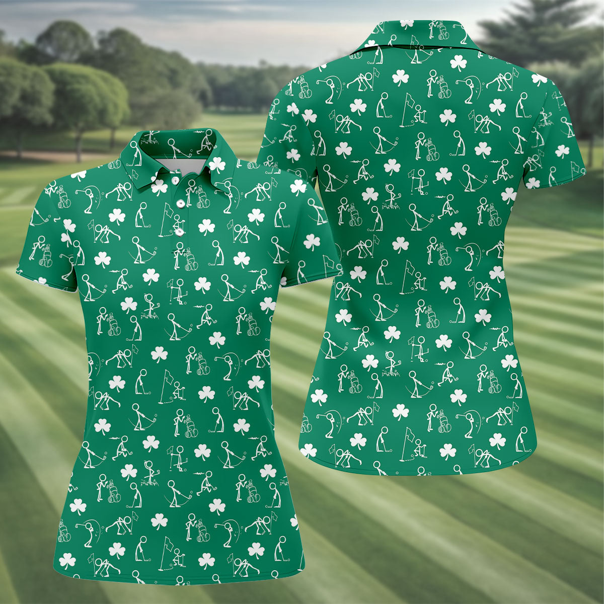 Stick Figure Golf Pose St Patrick's Day Shamrock Green Golf Shirt, Women's Golf Tops, Ladies Golf Polos