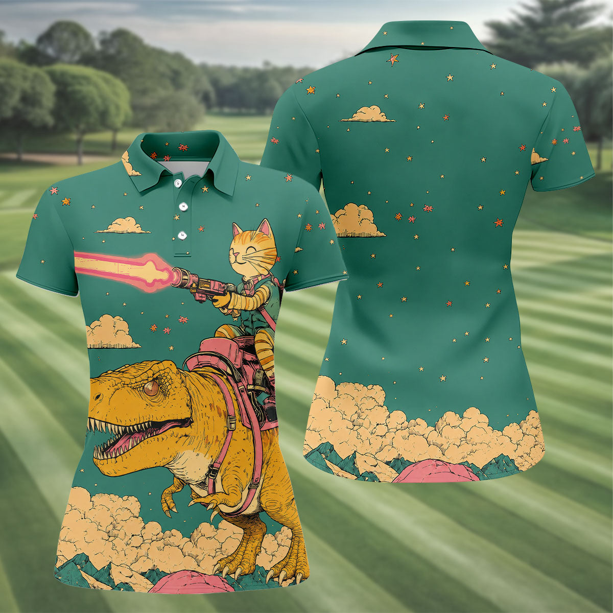 Laser Cat Dinosaur Golf Shirt, Retro Sci Fi T Rex Adventure Pattern, Golf Shirt For Women