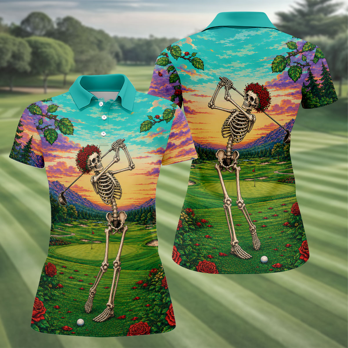 Skeleton Golfer Sunset Golf Course Shirt, Women's Golf Apparel, Halloween Golf Shirt