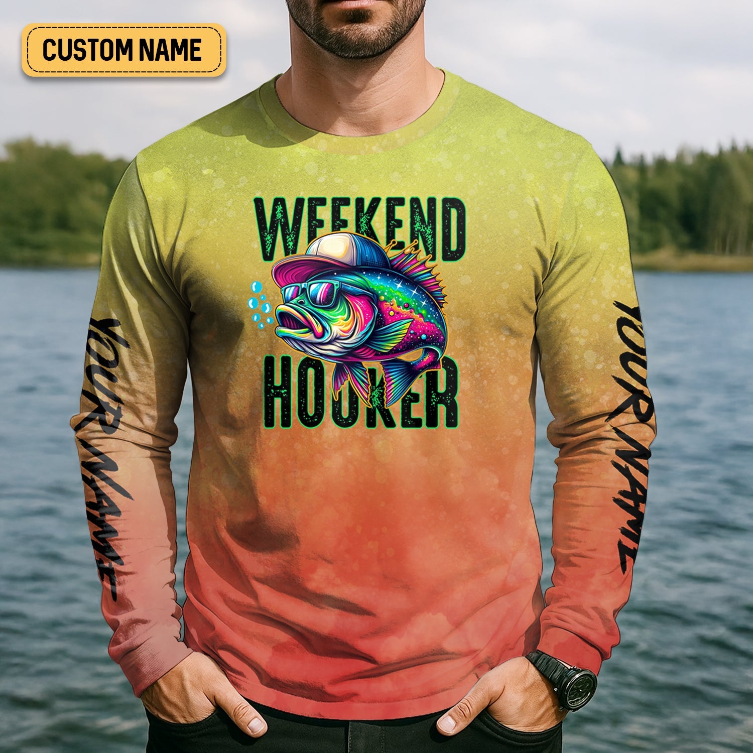 Weekend Hooker Orange Yellow Fishing Shirt, SPF Shirt, Hooded Sun Shirt, Gift For Fisherman