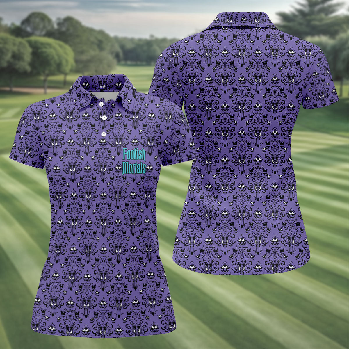 Foolish Mortals Haunted Pattern Golf Polo Shirt, Women's Halloween Shirt, Womens Golf Tops