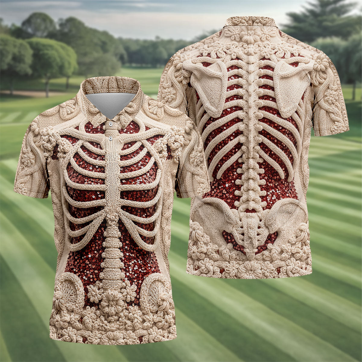 Knitted Skeleton Sequin Halloween Polo Shirt, Mens Golf Polo, Golf Apparel For Men
