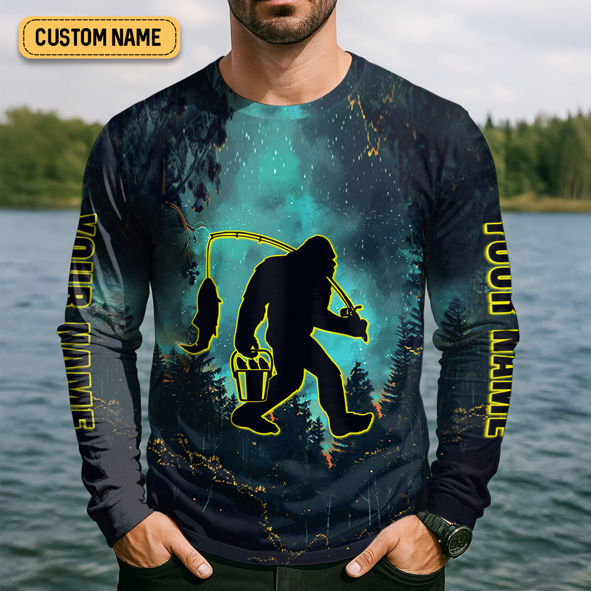Gone Squatchin And Catching Night Forest Performance Fishing Shirts, SPF Shirt For Men, Gift For Fisherman