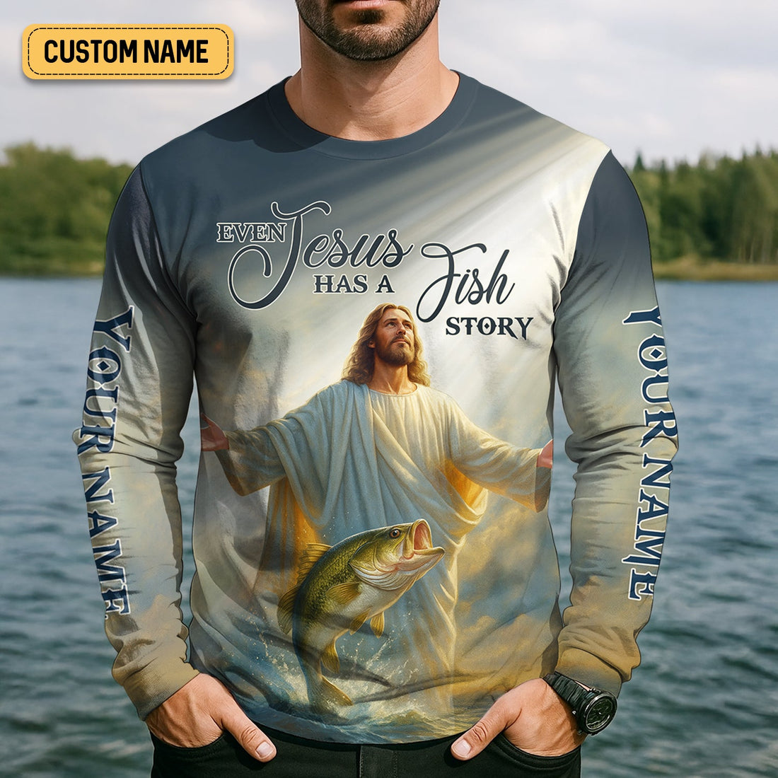 Even Jesus Has A Fish Story Funny Fishing Shirt, SPF Shirt For Men, Men Long Sleeve Shirt
