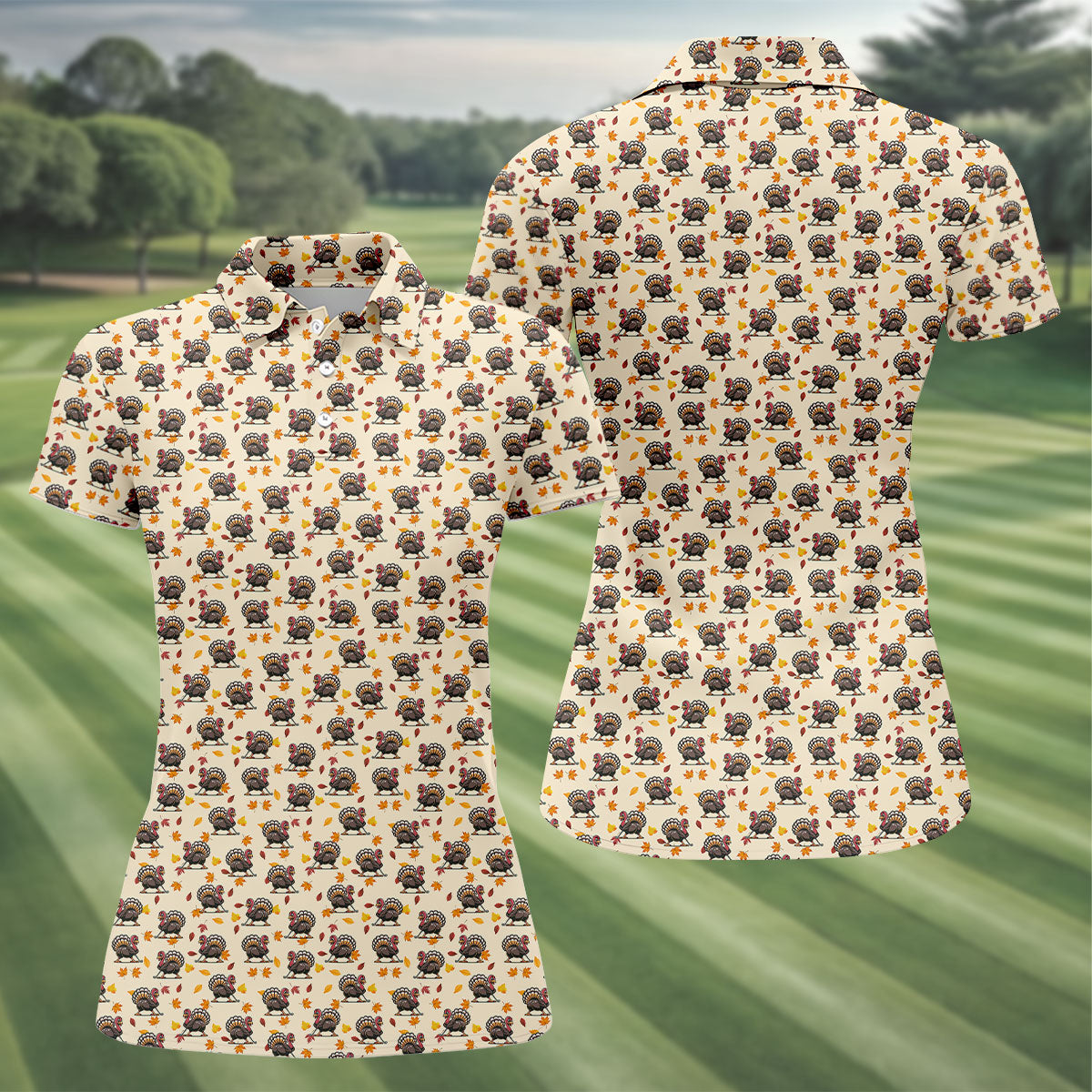 Funny Turkey Golfing Women's Golf Polo ShirtFun Womens Golf Shirts, Thanksgiving Golf Shirt