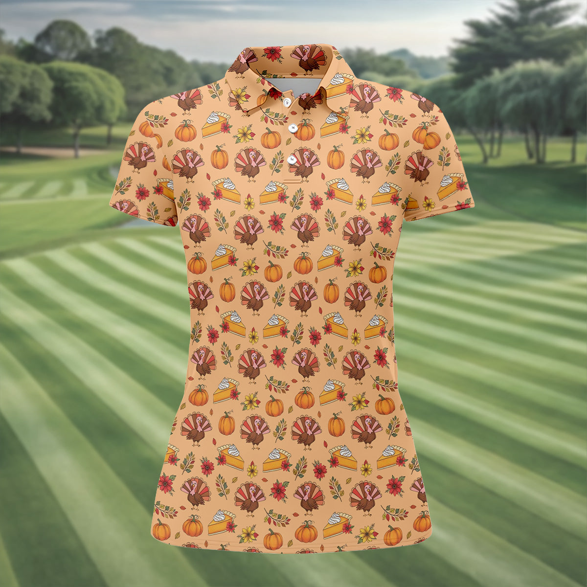 Cute Thanksgiving Turkey Pumpkin Pie Women's Golf Tops, Orange Golf Shirt, Thanksgiving Golf Gift For Ladies