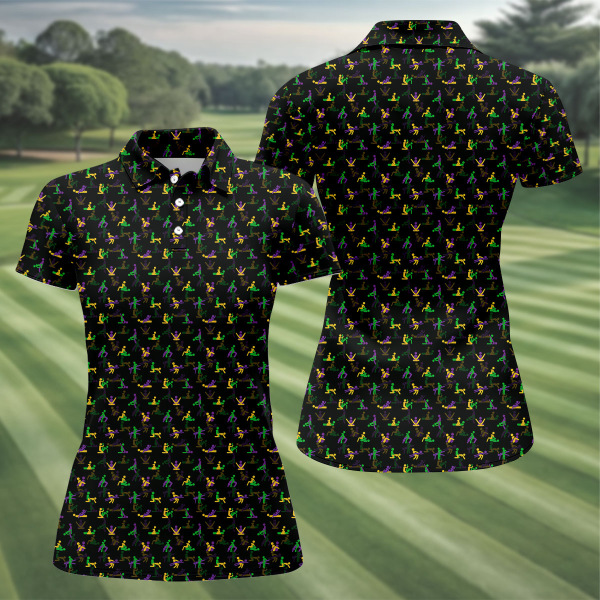 Naughty Position Stick Figure Couple Mardi Gras Black Golf Shirt, Women's Golf Tops, Ladies Golf Polos