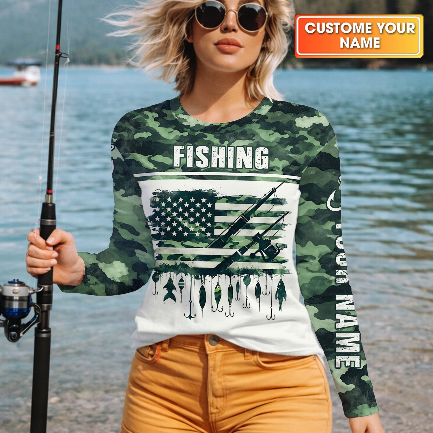 Fishing Green Camo US Flag Pattern Fishing UPF Shirts, 250 Years Women Fishing Shirt