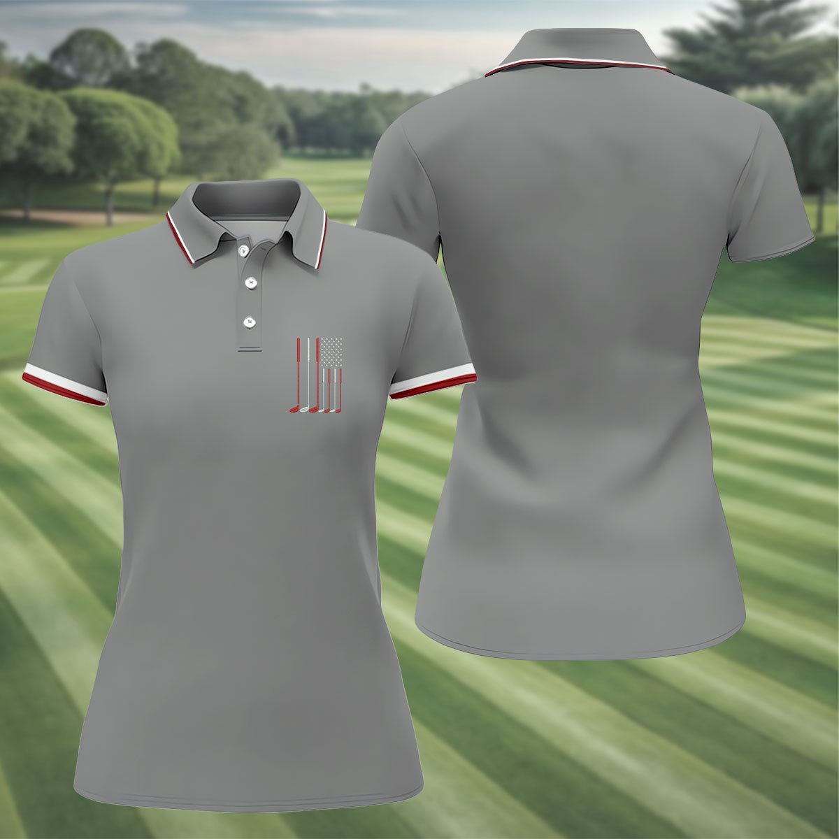Golf Clubs America Flag Logo 250th Anniversary Grey Golf Shirt, Patriotic Golf Shirt, Women's Golf Tops