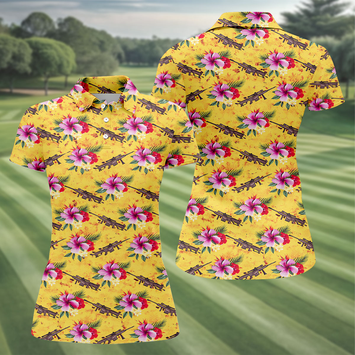 Floral Pattern Army Theme Hawaiian Yellow Golf Shirt, Women's Golf Tops, Ladies Golf Shirts