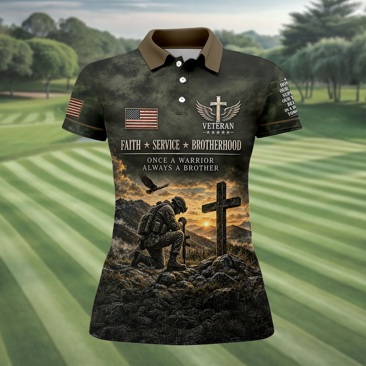 Veterans Day Praying Soldier Cross Polo Shirt, Golf Tops For Women, Ladies Golf Tops