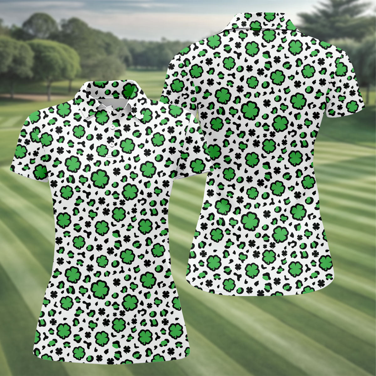 Lucky Four Leaf Clover Leopard Pattern St Patrick's Day Golf Shirt, Women's Golf Tops, Ladies Golf Shirts