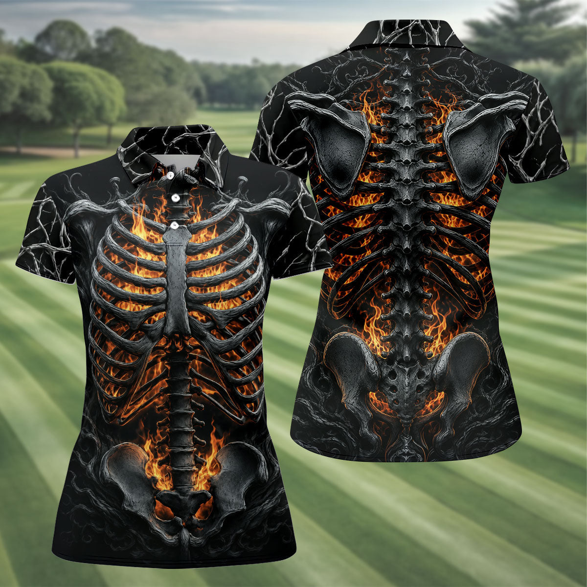 Halloween Fire Skeleton Horror Character Polo Shirt, Ladies Golf Shirts, Womens Golf Tops