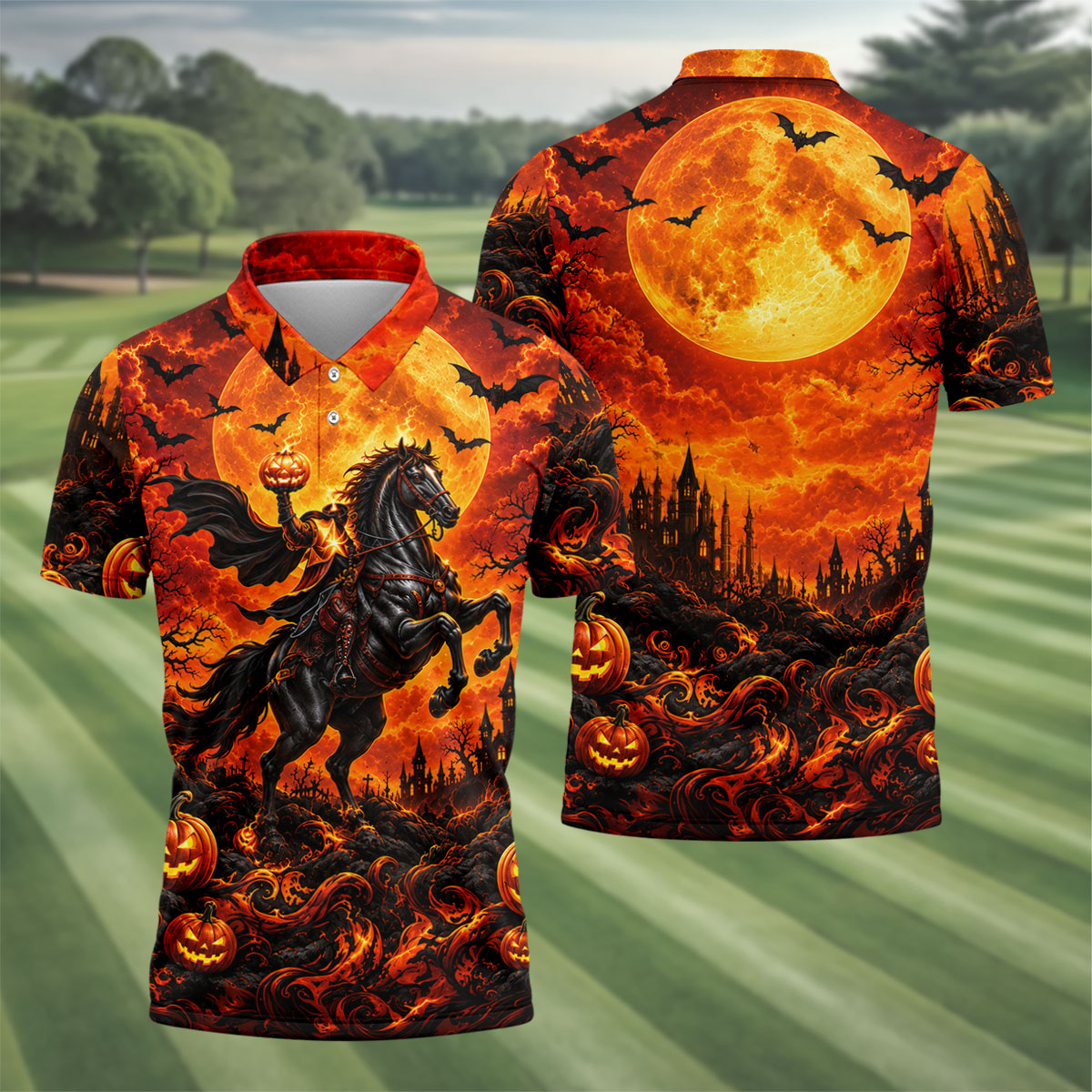 Fire Moon Rider Halloween Horror Character Polo Shirt, Golf Polo, Golf Shirts For Men