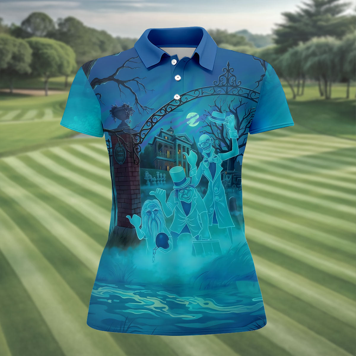 Ghost Trio At Haunted House Gate Halloween Polo Shirt, Women’s Golf Polo, Ladies Golf Top