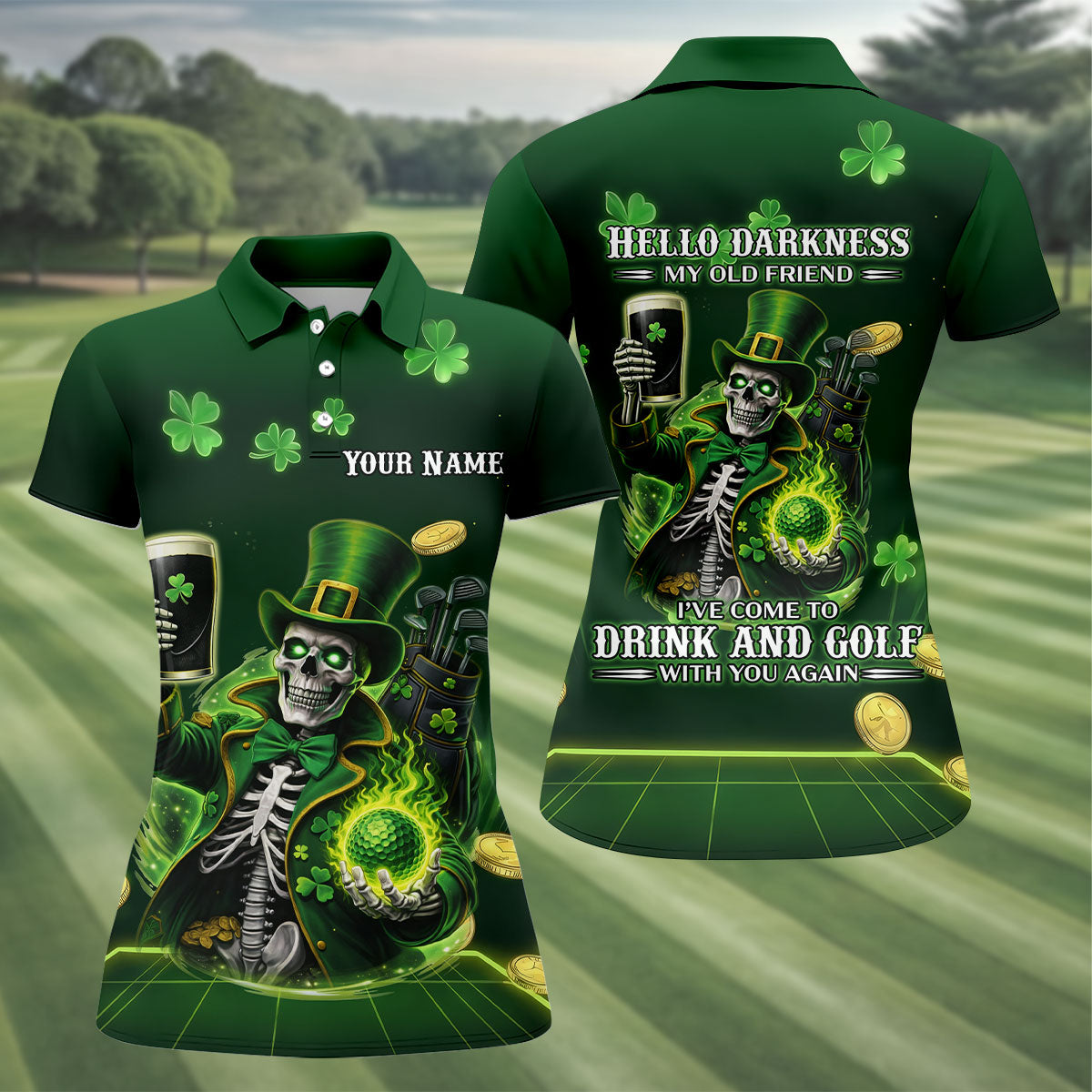 Irish Skull Leprechaun Hat Dark Beer Green St Patrick's Day Women's Golf Tops, Ladies Golf Polos
