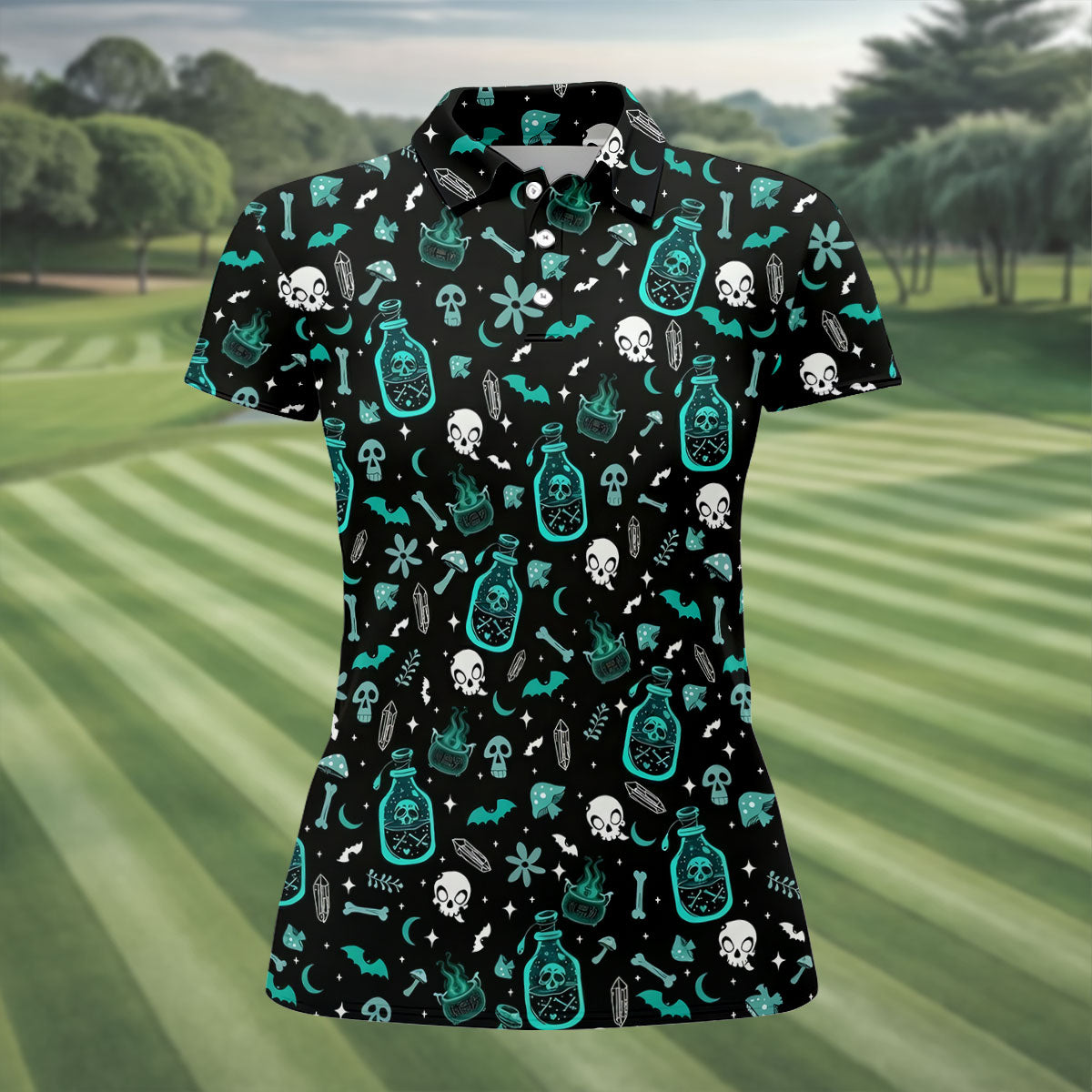 Skull Potion Halloween Pattern Polo Shirt, Golf Tops For Women, Womens Golf Apparel