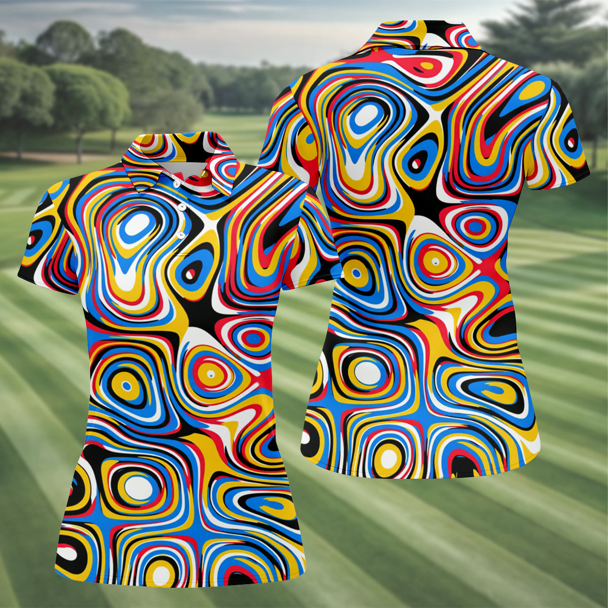 Blue And Yellow Fluid Art Cool Golf Shirt, Women's Golf Tops, Ladies Golf Shirts, Women's Polo Shirt