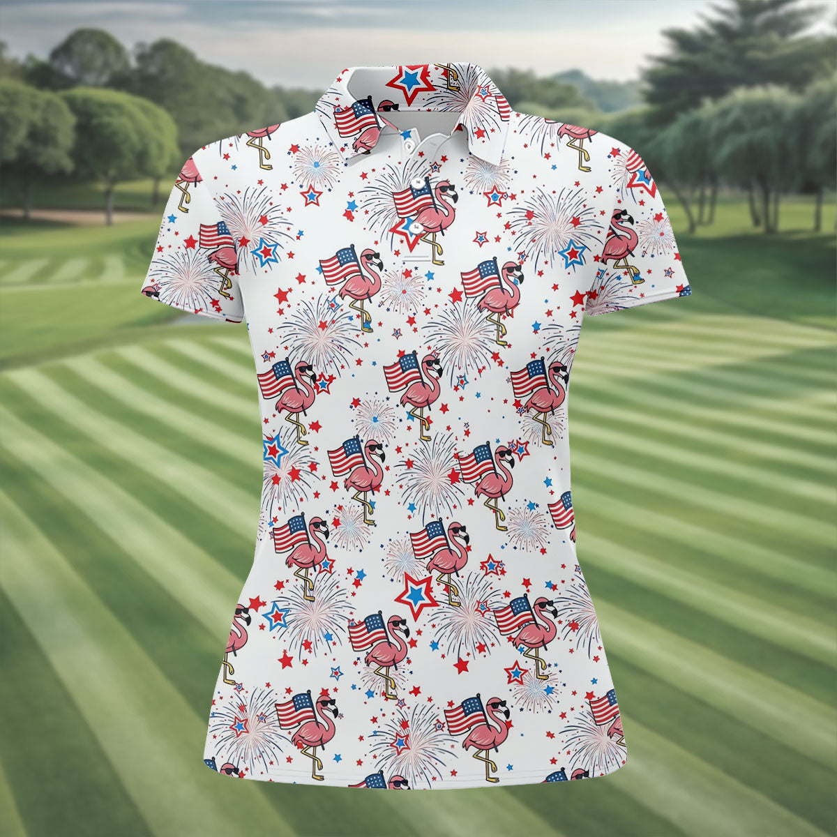 Patriotic Flamingo American Flag Polo Shirt, Womens Golf Polo, Golf Shirts For Women