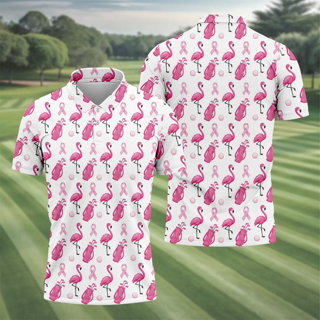 Pink Flamingo Golf Bag Breast Cancer Polo Shirt, Men's Golf Shirt, Printed Golf Shirts