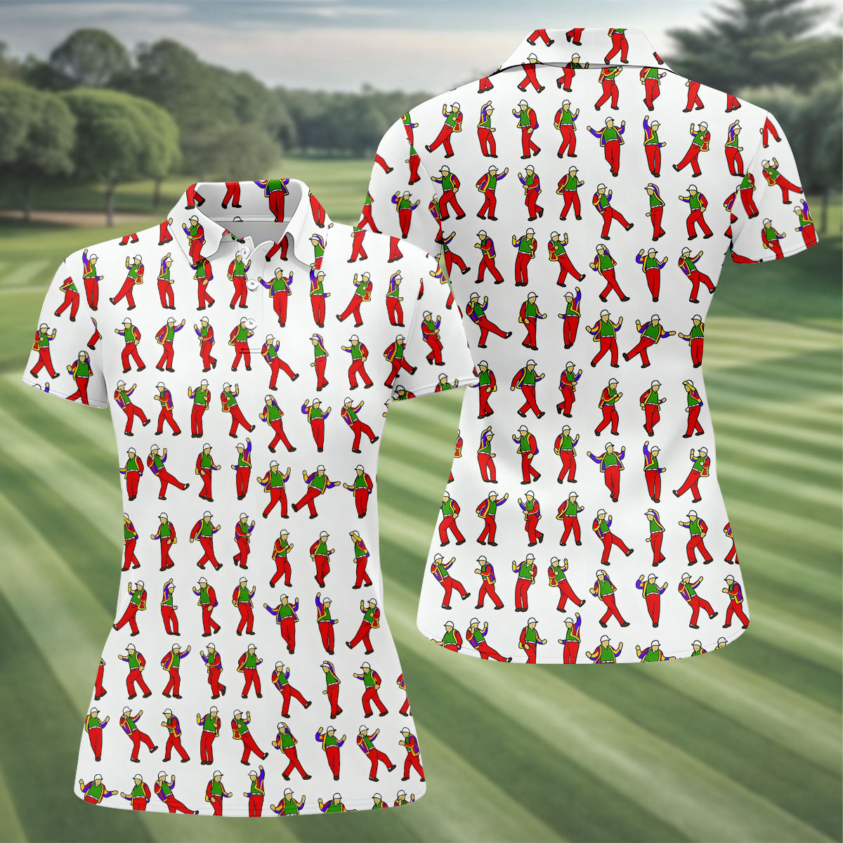 Colorful Dancing Character Pattern Polo Shirt, Printed Golf Shirt, Women’s Golf Apparel