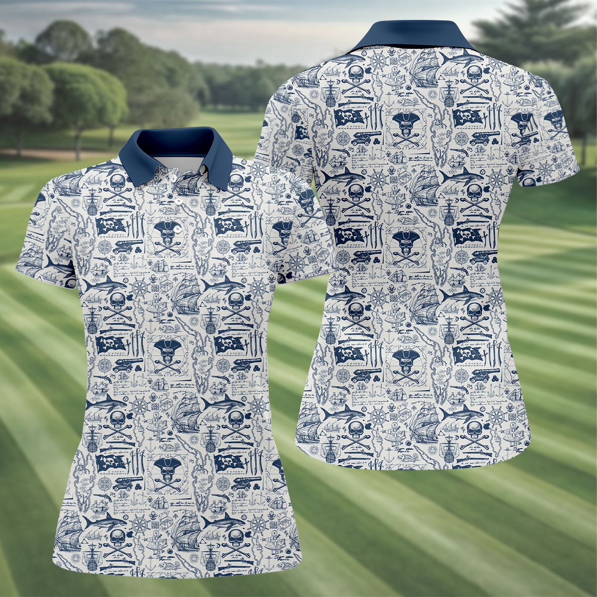 Skull Pirate Ocean Adventure Vintage Golf Shirt, Ladies Golf Tops, Golf Shirt For Women
