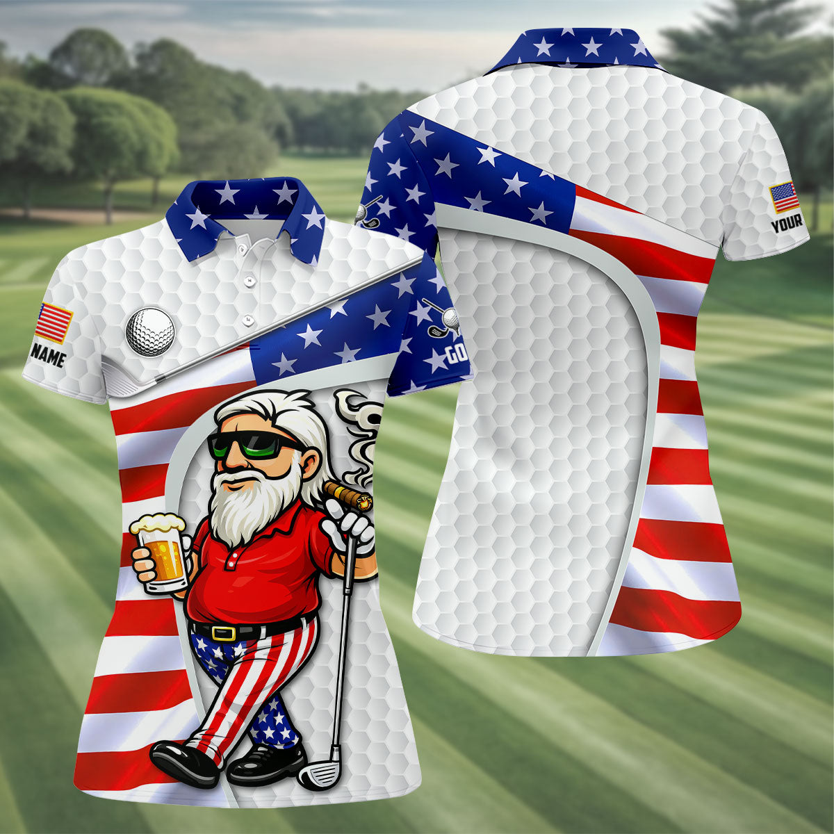 Golf And Beer Patriotic Man Golf Ball Pattern 4th Of July White Golf Shirt, 250th Anniversary Women's Golf Tops