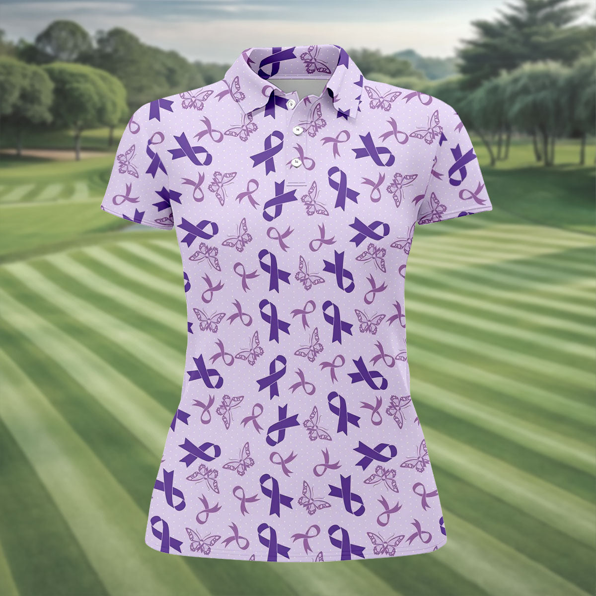 Breast Cancer Purple Ribbon Butterfly Polo Shirt, Womens Golf Polo, Breast Cancer Shirt