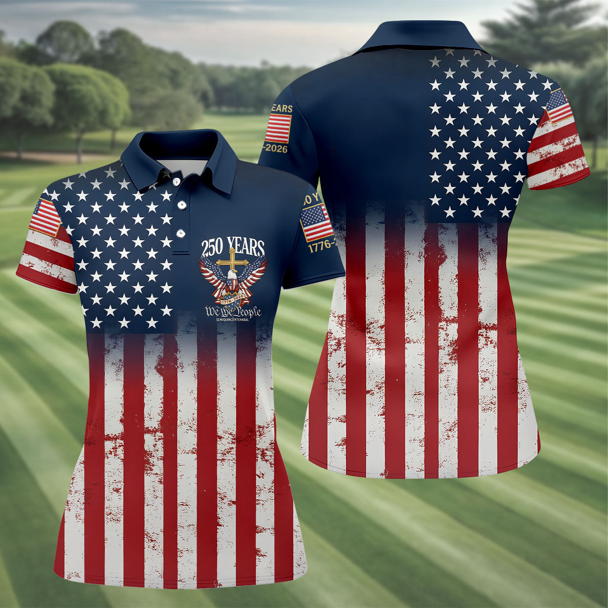 250 Years We The People Bald Eagle US Flag Cross Faith Golf Shirt For Women, Patriotic Golf Shirt