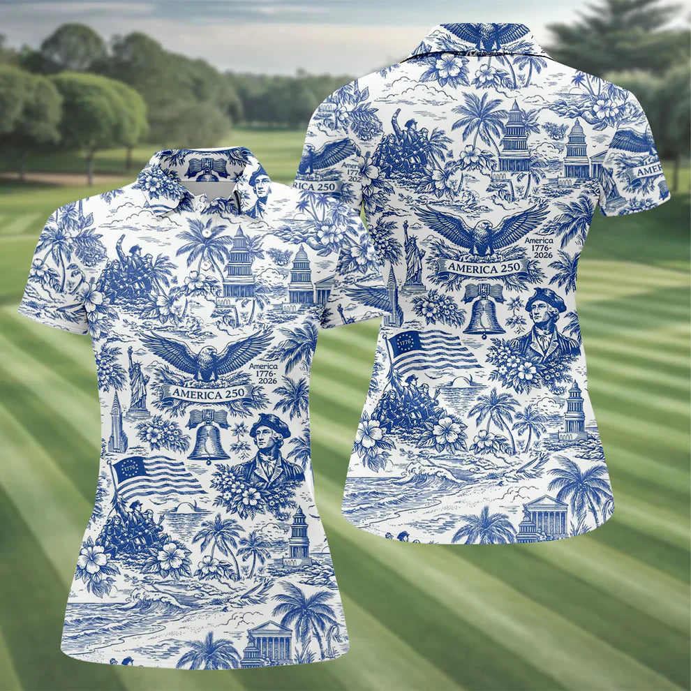 250 Years Of America Tropical Vibe Vintage Golf Polo ShirtPatriotic 4th Of July Golf Shirt For Women