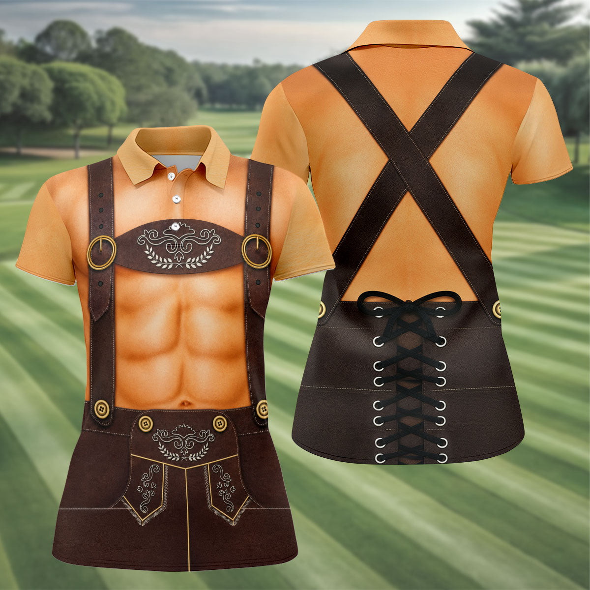 Funny Lederhosen Oktoberfest Costume Polo Shirt, Golf Shirts For Women, Women’s Golf Apparel