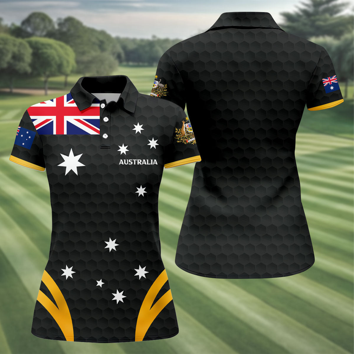 Australia Flag Print Golf Ball Pattern Black Golf Shirt, Australian Symbol Golf Shirt For Women
