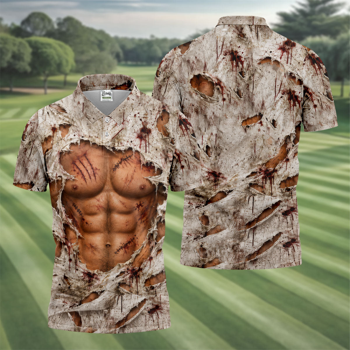 Torn Shirt Muscle Chest Illusion Halloween Polo Shirt, Mens Golf Polo, Printed Golf Shirts