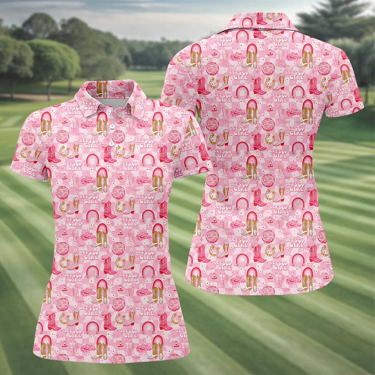 Let's Go Girl Pink Checkered Western Cowgirl Women's Golf Tops, Ladies Golf Polos, Golf Shirt For Women