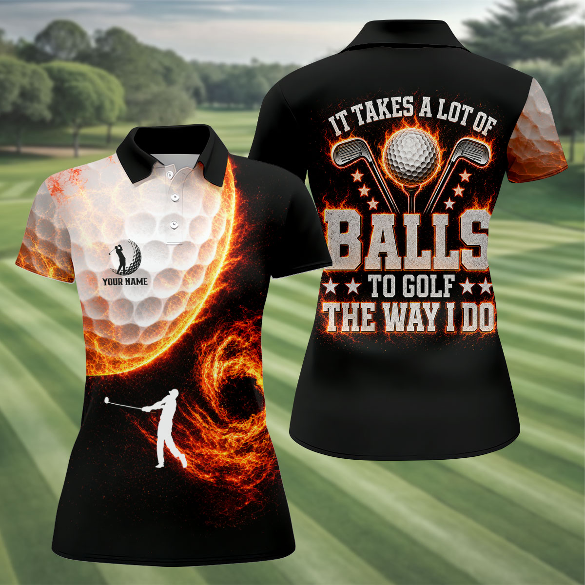 Custom Your Name Fire Golf Ball Polo Shirt, Golf Tops For Women, Women's Golf Apparel